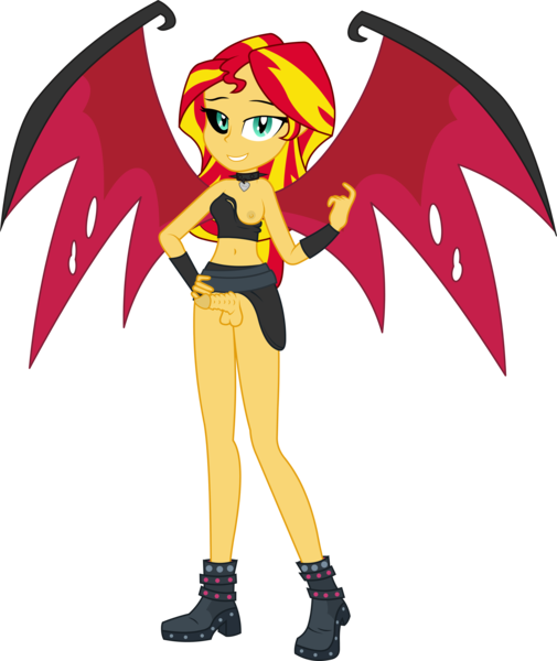 Size: 5653x6723 | Tagged: explicit, alternate version, artist:kitana762, derpibooru import, sunset shimmer, demon, equestria girls, beckoning, breasts, collar, demon wings, futa, futa sunset shimmer, intersex, nipples, nudity, one breast out, partial nudity, penis, show accurate, simple background, solo, sunset satan, transparent background, wings