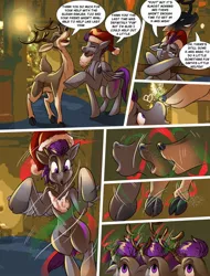 Size: 972x1280 | Tagged: safe, artist:thebigbadwolf01, derpibooru import, oc, unofficial characters only, deer, pegasus, pony, reindeer, comic:a grey x-mas, bipedal, boop, christmas, cloven hooves, comic, dialogue, eyes closed, fake beard, hat, holiday, laughing, male, noseboop, pegasus oc, raised hoof, santa hat, smiling, species swap, stallion, transformation, wings