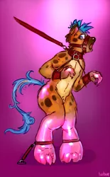 Size: 403x650 | Tagged: anthro, artist:turbinedivinity, bondage, bridle, collar, cuffs, derpibooru import, digitigrade anthro, furry to pony, gradient background, hyena, latex, leash, male, malesub, oc, open mouth, part of a set, safe, signature, submissive, tack, tether, transformation, unofficial characters only