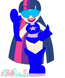 Size: 1024x1229 | Tagged: artist:xxfluffypachirisuxx, breasts, busty twilight sparkle, derpibooru import, human, humanized, magic gaia, one eye closed, safe, superhero, twilight sparkle, waving, wink