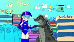 Size: 3840x2180 | Tagged: artist:nefsart, breasts, busty twilight sparkle, clothes, derpibooru import, female, giantess, godzilla, godzilla (series), handshake, human, humanized, kaiju, leotard, macro, magic gaia, safe, superhero, twilight sparkle