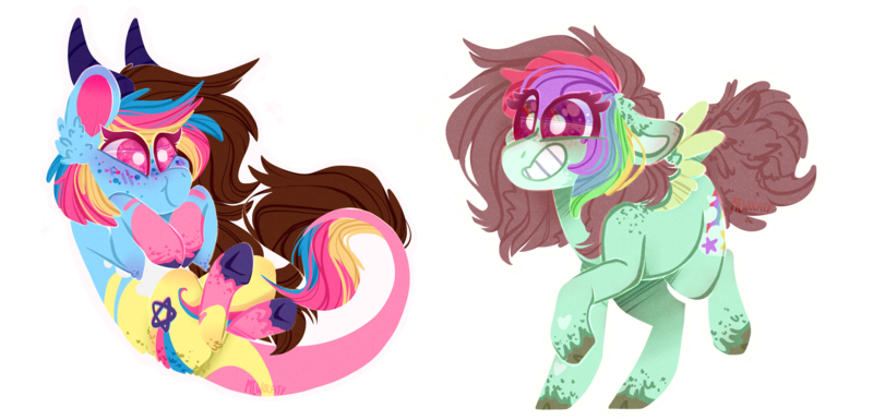 Size: 2980x1435 | Tagged: safe, artist:mcwolfity, deleted from derpibooru, derpibooru import, oc, unofficial characters only, earth pony, pony, duo, ear fluff, earth pony oc, floppy ears, freckles, grin, leonine tail, multicolored hair, rainbow hair, raised hoof, simple background, smiling, transparent background, underhoof