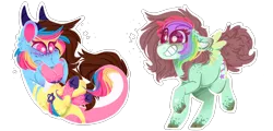 Size: 2980x1435 | Tagged: safe, artist:mcwolfity, deleted from derpibooru, derpibooru import, oc, unofficial characters only, earth pony, pony, duo, ear fluff, earth pony oc, floppy ears, freckles, grin, leonine tail, multicolored hair, rainbow hair, raised hoof, simple background, smiling, transparent background, underhoof