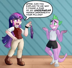 Size: 5016x4704 | Tagged: suggestive, artist:anon_1515, derpibooru import, spike, twilight sparkle, anthro, human, absurd resolution, belly button, boots, bowtie, caught, clenched teeth, clothes, collar, comic, dialogue, ear piercing, earring, eyebrows, female, hand on hip, holding, humanized, implied masturbation, jewelry, khakis, male, nervous, panties, panty thief, piercing, plaid, purple underwear, raised eyebrow, shipping, shoes, shorts, shrug, smiling, socks, speech bubble, straight, sweat, sweatdrop, tanktop, twispike, underwear, vest, wooden floor