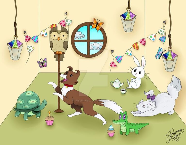 Size: 1024x801 | Tagged: alligator, angel bunny, animal, artist:rossgricell, bird, butterfly, candle, cat, cup, cupcake, derpibooru import, deviantart watermark, dog, food, gummy, lantern, no pony, obtrusive watermark, opalescence, owl, owlowiscious, rabbit, safe, tank, teacup, teapot, tortoise, watermark, winona