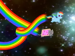 Size: 1828x1377 | Tagged: safe, artist:rossgricell, derpibooru import, cat, pegasus, pony, duo, food, nyan cat, nyan dash, poptart, rainbow, rainbow trail, space