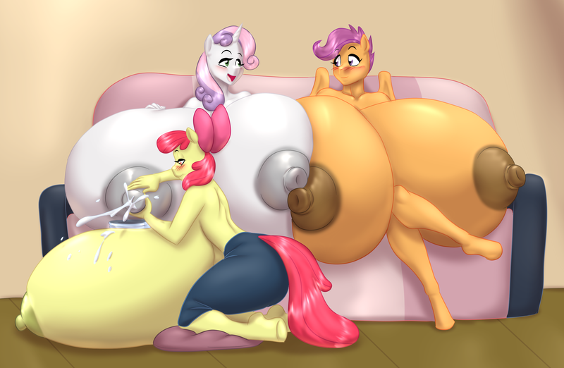 Size: 3000x1959 | Tagged: anthro, apple bloom, areola, artist:blues64, artist:marauder6272, big areola, big breasts, breast grab, breast milk, breasts, breasts on floor, busty apple bloom, busty cmc, busty scootaloo, busty sweetie belle, casual nudity, clothes, commission, couch, cutie mark crusaders, dark areola, derpibooru import, grope, high res, huge areola, huge breasts, hyper, hyper breasts, impossibly large breasts, kneeling, lactation, milk, milking, nipples, nipple touch, nudity, older, older apple bloom, older scootaloo, older sweetie belle, open mouth, partial nudity, questionable, scootaloo, series:a bigger you, sitting, sweetie belle, symmetrical docking, topless, trio, unguligrade anthro