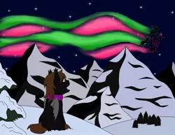 Size: 1024x792 | Tagged: safe, artist:chili19, derpibooru import, oc, unofficial characters only, bat pony, deer, pony, reindeer, aurora borealis, bat pony oc, bat wings, clothes, looking up, mountain, night, open mouth, scarf, solo, stars, wings