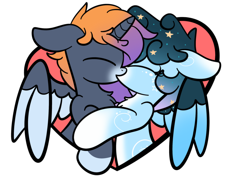 Size: 2560x1920 | Tagged: safe, artist:kimjoman, derpibooru import, oc, oc:stellar constellation, oc:sunset winds, unofficial characters only, alicorn, pegasus, pony, chest fluff, commission, cute, ethereal mane, eyes closed, female, gradient mane, kissing, male, mare, simple background, stallion, starry mane, stars, transparent background, two toned wings, wings, ych result