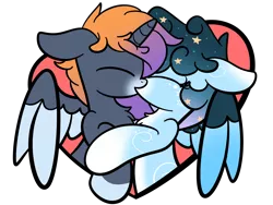 Size: 2560x1920 | Tagged: safe, artist:kimjoman, derpibooru import, oc, oc:stellar constellation, oc:sunset winds, unofficial characters only, alicorn, pegasus, pony, chest fluff, commission, cute, ethereal mane, eyes closed, female, gradient mane, kissing, male, mare, simple background, stallion, starry mane, stars, transparent background, two toned wings, wings, ych result