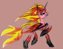 Size: 700x542 | Tagged: safe, artist:mysteriousshine, derpibooru import, sunset shimmer, ponified, alicorn, demon, demon pony, original species, pony, equestria girls ponified, female, hoofs shoes, mane of fire, mare, raised hoof, simple background, smiling, smirk, solo, sunset satan, traditional art