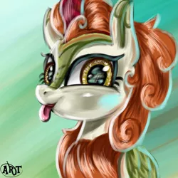 Size: 1080x1080 | Tagged: safe, artist:arkhat, derpibooru import, autumn blaze, kirin, :p, awwtumn blaze, bust, cute, green background, portrait, signature, simple background, smiling, solo, tongue out