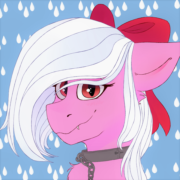 Size: 1024x1024 | Tagged: safe, artist:jayliedoodle, derpibooru import, oc, unofficial characters only, bat pony, pony, bust, collar, pink coat, ribbon, shackles, shy, solo, white mane