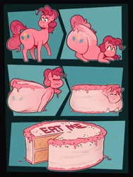 Size: 2400x3200 | Tagged: semi-grimdark, suggestive, alternate version, artist:secretgoombaman12345, derpibooru import, pinkie pie, earth pony, pony, balloonbutt, butt, cake, cakie pie, cellular peptide cake (with mint frosting), chubby, comic, eyes closed, face down ass up, fat, female, food, food transformation, frosting, high res, imminent vore, implied vore, inanimate tf, pudgy pie, solo, solo female, sprinkles, straining, transformation, transformation sequence, wat