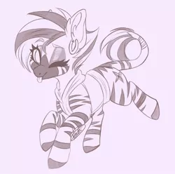 Size: 1024x1014 | Tagged: safe, artist:red_moonwolf, derpibooru import, oc, oc:zyala, unofficial characters only, zebra, clothes, cute, ear piercing, earring, female, hoodie, jewelry, one eye closed, piercing, tongue out, wink