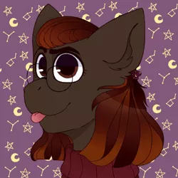 Size: 1024x1024 | Tagged: safe, artist:jayliedoodle, derpibooru import, oc, oc:jaylie doodle, unofficial characters only, pony, :p, abstract background, brown hair, bust, cutie, female, glasses, mare, short hair, solo, stars background, tongue out