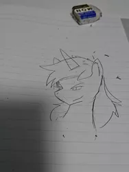 Size: 1080x1440 | Tagged: safe, artist:omegapony16, derpibooru import, oc, unofficial characters only, pony, unicorn, bust, eraser, horn, irl, lineart, lined paper, photo, smiling, smirk, solo, traditional art, unicorn oc