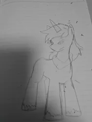 Size: 1080x1440 | Tagged: safe, alternate version, artist:omegapony16, derpibooru import, oc, unofficial characters only, pony, unicorn, horn, irl, lineart, lined paper, photo, smiling, smirk, solo, traditional art, unicorn oc, unshorn fetlocks