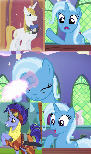 Size: 640x1080 | Tagged: safe, derpibooru import, edit, edited screencap, screencap, hoo'far, prince blueblood, trixie, pony, unicorn, all bottled up, road to friendship, the ticket master, angry, annoyed, blast, bluetrix, exploitable meme, female, happy, impressed, magic, magic blast, male, meme, shipping, shipping denied, straight, transformation, trixfar, trixie fixing meme