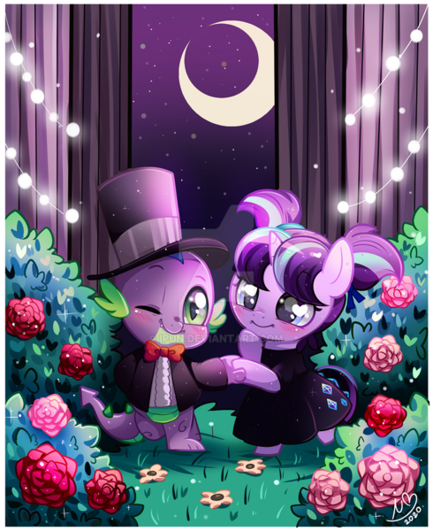 Size: 800x979 | Tagged: safe, artist:ipun, derpibooru import, spike, starlight glimmer, anthro, dragon, unicorn, chibi, clothes, cute, deviantart watermark, female, filly starlight glimmer, flower, glimmerbetes, hat, heart eyes, image, male, moon, obtrusive watermark, one eye closed, png, shipping, sparlight, spikabetes, straight, top hat, tuxedo, watermark, wingding eyes, younger