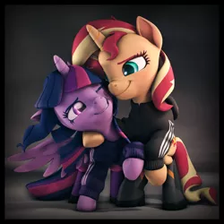 Size: 6000x6000 | Tagged: safe, artist:imafutureguitarhero, derpibooru import, sci-twi, sunset shimmer, twilight sparkle, twilight sparkle (alicorn), ponified, alicorn, pony, unicorn, 3d, :j, absurd resolution, adidas, bipedal, blushing, boots, border, chromatic aberration, clothes, colored eyebrows, colored eyelashes, cute, cutie mark hair accessory, duo, equestria girls ponified, female, film grain, floppy ears, freckles, grin, hoodie, horn, leather, leather boots, lesbian, mare, multicolored mane, multicolored tail, nose wrinkle, one eye closed, raised hoof, revamped ponies, scitwilicorn, scitwishimmer, scrunchy face, shimmerbetes, shipping, shoes, signature, smiling, source filmmaker, square, sunsetsparkle, twiabetes, wall of tags, windswept mane, wings, wink