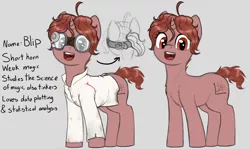Size: 2120x1264 | Tagged: safe, artist:zippysqrl, derpibooru import, oc, oc:blip, unofficial characters only, unicorn, chest fluff, clothes, cowlick, female, goggles, horn, lab coat, open mouth, simple background, sketch, small horn, solo, stains
