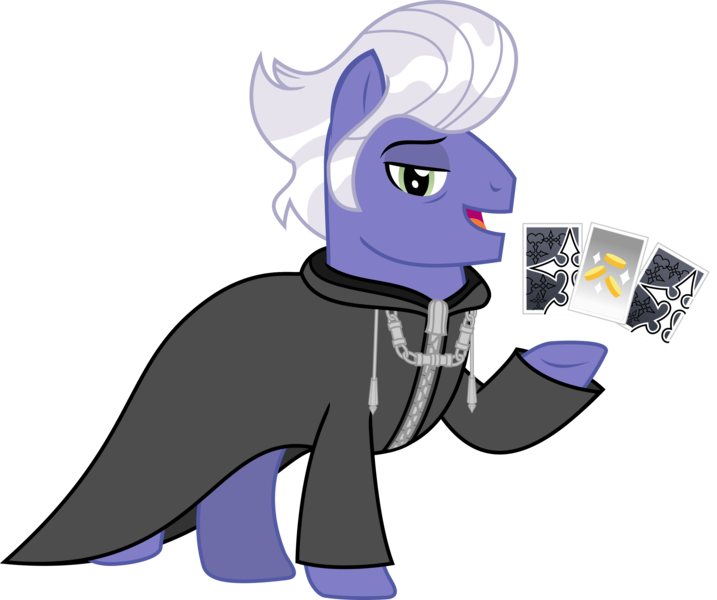 Size: 2568x2148 | Tagged: safe, artist:sketchmcreations, derpibooru import, gladmane, earth pony, card, clothes, coat, cutie mark, kingdom hearts, lidded eyes, looking at you, luxord, male, nobody, open mouth, organization xiii, playing card, raised hoof, simple background, stallion, transparent background, vector