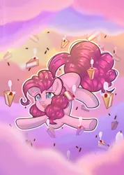 Size: 1224x1718 | Tagged: safe, artist:auroracursed, derpibooru import, pinkie pie, earth pony, pony, cake, chocolate, chocolate rain, cloud, cute, diapinkes, female, food, rain, smiley face, solo