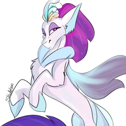 Size: 600x600 | Tagged: artist:sleeping-dreamdale, beautiful, chest fluff, crown, derpibooru import, eyeshadow, female, fins, fish tail, jewelry, lidded eyes, looking at you, majestic, makeup, my little pony: the movie, purple eyes, queen, queen novo, regalia, safe, seapony (g4), serious, signature, simple background, solo, transparent background, wings