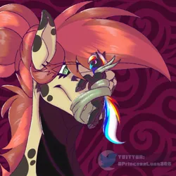 Size: 1080x1079 | Tagged: suggestive, artist:princessluna325, derpibooru import, oc, oc:darky wings, lamia, original species, pegasus, pony, green eyes, long tongue, looking at each other, macro, macro/micro, micro, multicolored hair, pink eyes, pony oc, tongue hold, tongue out