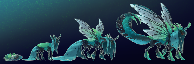 Size: 10923x3630 | Tagged: safe, artist:turnipberry, deleted from derpibooru, derpibooru import, queen chrysalis, changeling, changeling queen, the ending of the end, abdomen, absurd resolution, age progression, alternate design, baby, changeling egg, dark background, female, filly, filly queen chrysalis, gradient background, green background, grub, mandibles, realistic anatomy, simple background, stinger, tattered, tattered wings, tongue out, ultimate chrysalis, wings, younger