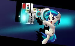 Size: 800x499 | Tagged: safe, artist:jhayarr23, derpibooru import, vinyl scratch, pony, unicorn, badass, bipedal, dubstep gun, female, mare, saints row, saints row iv, solo, weapon