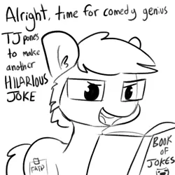 Size: 2250x2250 | Tagged: safe, artist:tjpones, derpibooru import, part of a set, oc, oc:tjpones, unofficial characters only, earth pony, pony, book, dialogue, glasses, male, monochrome, simple background, solo, stallion, white background