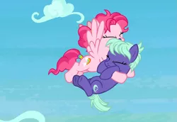 Size: 1115x768 | Tagged: safe, derpibooru import, screencap, bifröst, night view, earth pony, pegasus, pony, school raze, accessory, background pony, carrying, catching, cloud, cropped, duo, eyes closed, falling, female, flying, friendship student, hairband, holding, hug, mare, rescue, sky, spread wings, tail wrap, wings