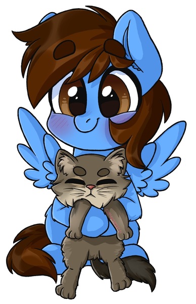 Size: 1228x1898 | Tagged: animal, artist:cottonsweets, blushing, cat, derpibooru import, fluffy, happy, holding, oc, oc:pegasusgamer, pegasus, safe, sitting, wings