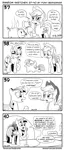 Size: 1320x3035 | Tagged: safe, artist:pony-berserker, derpibooru import, applejack, rarity, twilight sparkle, twilight sparkle (alicorn), alicorn, earth pony, pig, pony, unicorn, axe, bad joke, black and white, comic, female, grayscale, hoof hold, i can't believe it's not idw, implied ponies eating meat, mare, monochrome, pun, simple background, speech bubble, stand-up comedy, stink lines, stippling, twiggie, weapon, white background