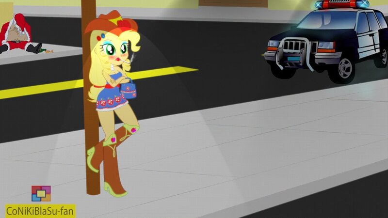 Size: 1248x702 | Tagged: safe, artist:conikiblasu-fan, derpibooru import, edit, applejack, equestria girls, car, cigarette, clothes, merry christmas, parody, patrol, police, police car, prostitution, santa claus, smoking