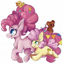 Size: 2014x2048 | Tagged: safe, artist:cutepencilcase, derpibooru import, li'l cheese, pinkie pie, earth pony, pony, the last problem, candy in hair, chest fluff, duo, ear fluff, female, fluffy, high res, male, mama pinkie, mare, mother and child, mother and son, older, older pinkie pie, rubber duck, simple background, smiling, teddy bear, white background