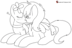 Size: 1364x904 | Tagged: safe, artist:teabucket, deleted from derpibooru, derpibooru import, oc, oc:ace, oc:floral tempest, unofficial characters only, pegasus, unicorn, black and white, blushing, female, grayscale, kissing, male, mare, monochrome, patreon, patreon logo, stallion