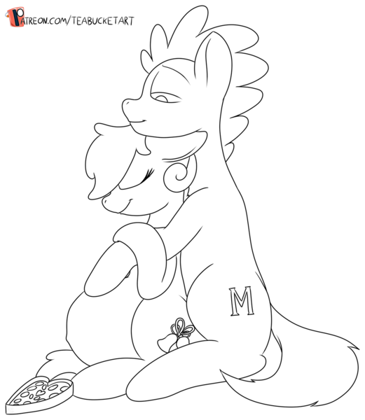 Size: 1128x1299 | Tagged: artist:teabucket, belly, black and white, derpibooru import, female, grayscale, holiday, hug, male, mare, monochrome, oc, oc:miko, oc:southern belle, patreon, patreon logo, pregnant, safe, snuggling, stallion, unofficial characters only, valentine's day