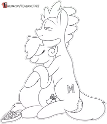 Size: 1128x1299 | Tagged: artist:teabucket, belly, black and white, derpibooru import, female, grayscale, holiday, hug, male, mare, monochrome, oc, oc:miko, oc:southern belle, patreon, patreon logo, pregnant, safe, snuggling, stallion, unofficial characters only, valentine's day