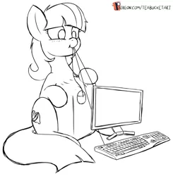 Size: 1065x1085 | Tagged: safe, artist:teabucket, deleted from derpibooru, derpibooru import, oc, oc:lemon drop, unofficial characters only, earth pony, belly, black and white, computer, computer mouse, female, grayscale, keyboard, mare, monochrome, object vore, patreon, patreon logo, swallowing