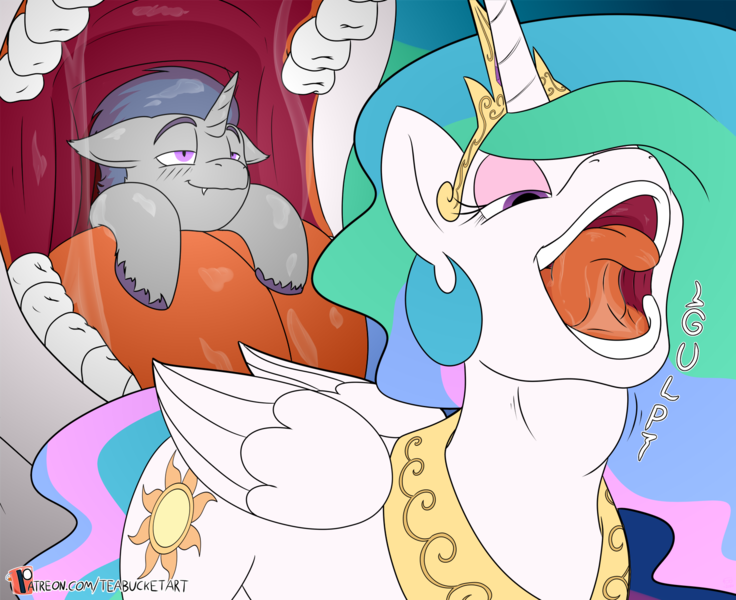 Size: 1657x1351 | Tagged: questionable, artist:teabucket, deleted from derpibooru, derpibooru import, princess celestia, oc, oc:verlo streams, alicorn, unicorn, female, fetish, male, mare, maw, mawplay, micro, open mouth, patreon, patreon logo, princess vorestia, stallion, swallowing, throat bulge, tongue out, vore, willing vore