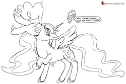 Size: 1361x911 | Tagged: suggestive, artist:teabucket, deleted from derpibooru, derpibooru import, pinkie pie, princess luna, alicorn, earth pony, black and white, dialogue, female, fetish, grayscale, lunapred, mare, monochrome, patreon, patreon logo, pinkie prey, swallowing, throat bulge, vore, willing vore