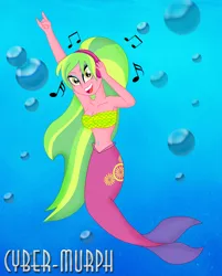 Size: 1952x2424 | Tagged: safe, artist:cyber-murph, derpibooru import, lemon zest, mermaid, equestria girls, armpits, belly, belly button, bellyring, bikini, clothes, cute, devil horn (gesture), flowing hair, headphones, mermaidized, midriff, piercing, signature, species swap, swimsuit, underwater