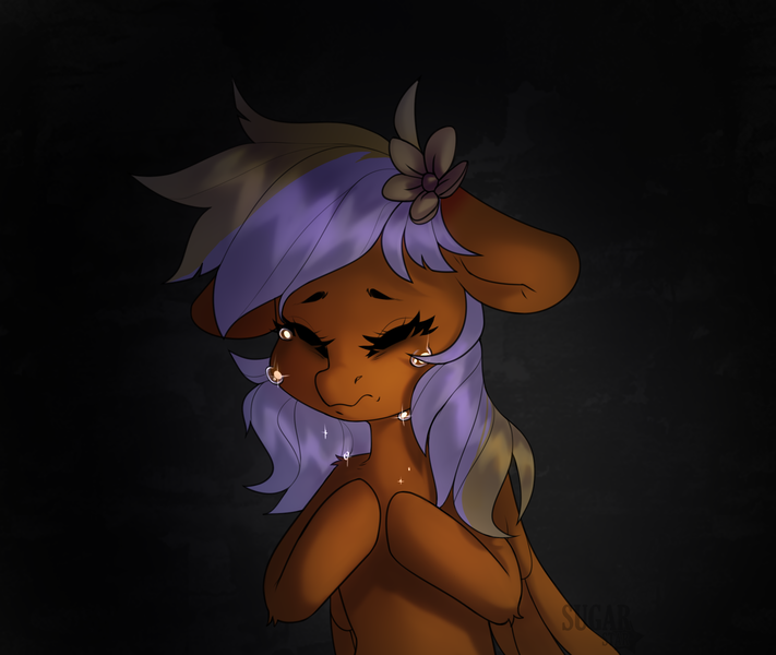 Size: 2000x1688 | Tagged: safe, artist:sugarstar, derpibooru import, oc, oc:sunshinenya, unofficial characters only, pegasus, pony, crying, eyes closed, female, floppy ears, flower, mare, rcf community, sad, simple background, solo, wings