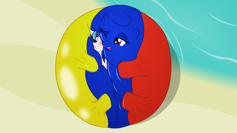 Size: 3925x2217 | Tagged: suggestive, artist:badumsquish, derpibooru import, shining armor, oc, oc:poink, ponified, ball pony, balloonie pony, beach ball pony, inflatable pony, object pony, original species, pony, unicorn, ball, beach, beach ball, blushing, bound, cheek rub, constriction, cuddling, dreamworks face, duo, female, fetish, frown, grin, inflatable, inflatable fetish, inflation, interspecies, larger female, living inflatable, male, mare, non-consensual cuddling, nuzzling, ocean, on back, one eye closed, pinned, sand, size difference, smiling, smirk, smug, solo, squish, squishy cheeks, stallion, straight, this will end in snu snu, water, wink