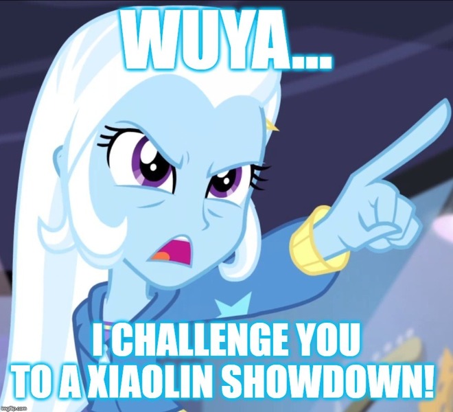 Size: 919x835 | Tagged: safe, derpibooru import, edit, edited screencap, screencap, trixie, equestria girls, guitar centered, rainbow rocks, cropped, meme, pointing, solo, xiaolin showdown