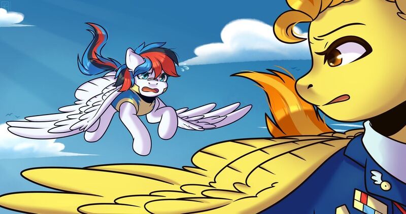 Size: 1024x540 | Tagged: safe, artist:ak4neh, derpibooru import, spitfire, oc, oc:retro city, pegasus, pony, canon x oc, couple, female, mare, retrofire