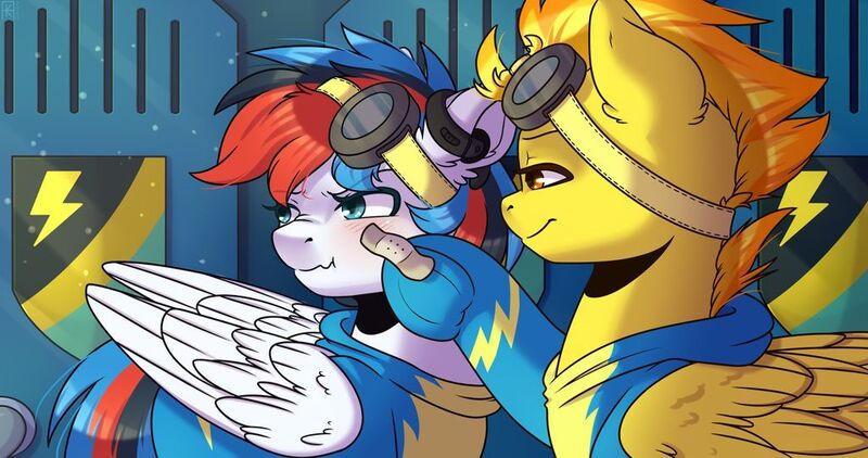 Size: 1024x540 | Tagged: safe, artist:ak4neh, derpibooru import, spitfire, oc, oc:retro city, pegasus, pony, bandaid, blushing, canon x oc, clothes, couple, female, lesbian, mare, retrofire, shipping, uniform, wonderbolts uniform